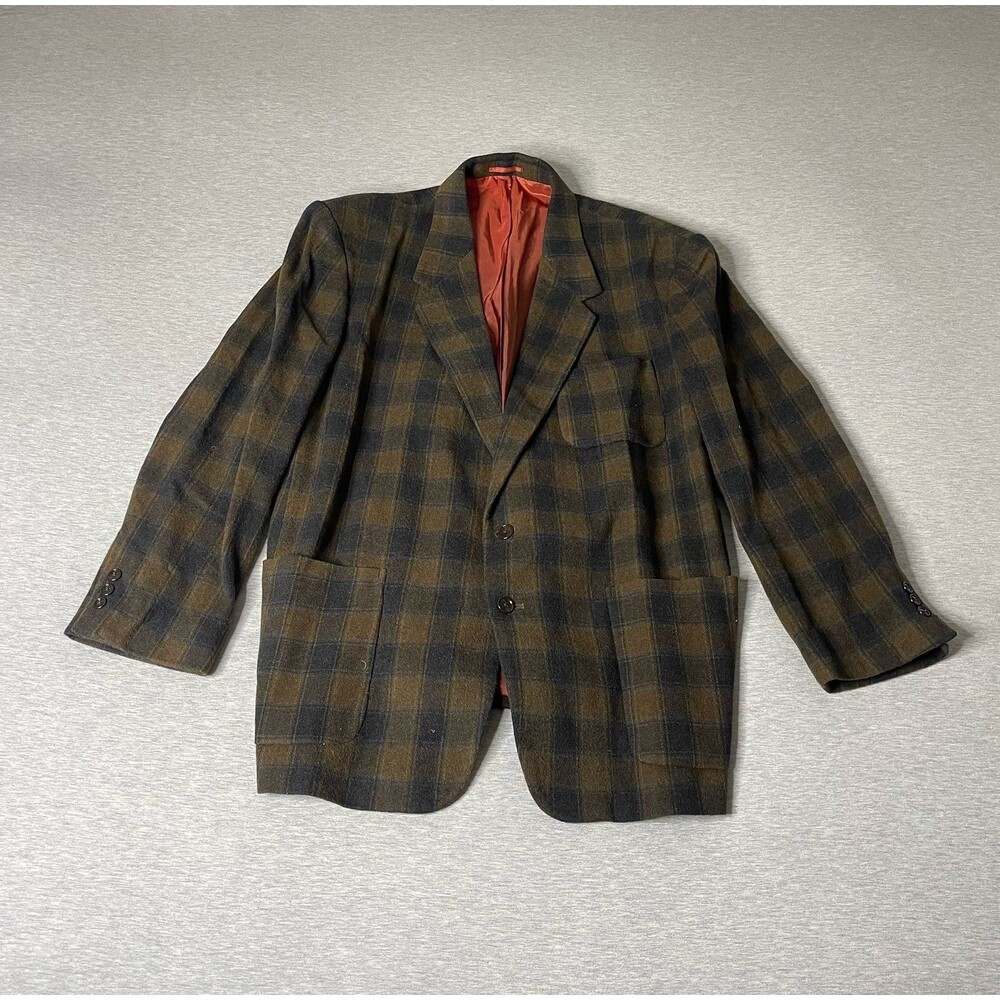 L’Homme Men’s Vintage Plaid Print Essential V-Neck Wool Blazer - XL